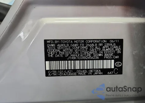 2011 Lexus Es 350 z USA, uszkodzony, nr VIN JTHBK1EGXB2456236